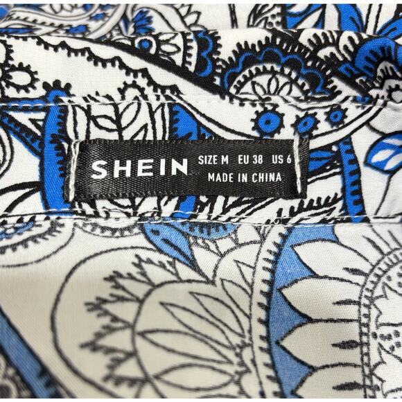 Long Sleeve blue white black paisley blouse shirt top M classic button front - Picture 4 of 8